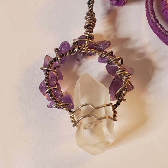 Handmade purple leather corded beaded quartz pendent necklace in Great condition - Picture 4 of 4